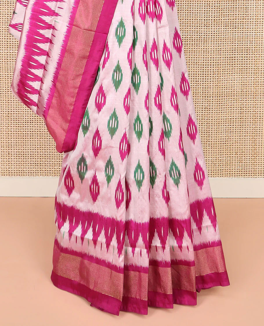 Pink Ikkat Silk Saree Highlighted with Diamond-Shaped Ikkat Buttas, Featuring a Contrast Ikkat Temple Border and a Pallu Showcasing an Ikkat-Textured Jaal Design, Paired with a Contrast Blouse - Image 4