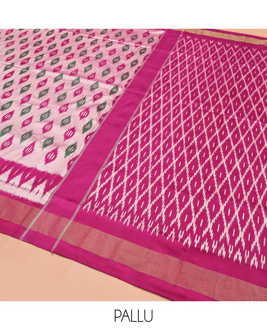Pink Ikkat Silk Saree Highlighted with Diamond-Shaped Ikkat Buttas, Featuring a Contrast Ikkat Temple Border and a Pallu Showcasing an Ikkat-Textured Jaal Design, Paired with a Contrast Blouse - Image 5