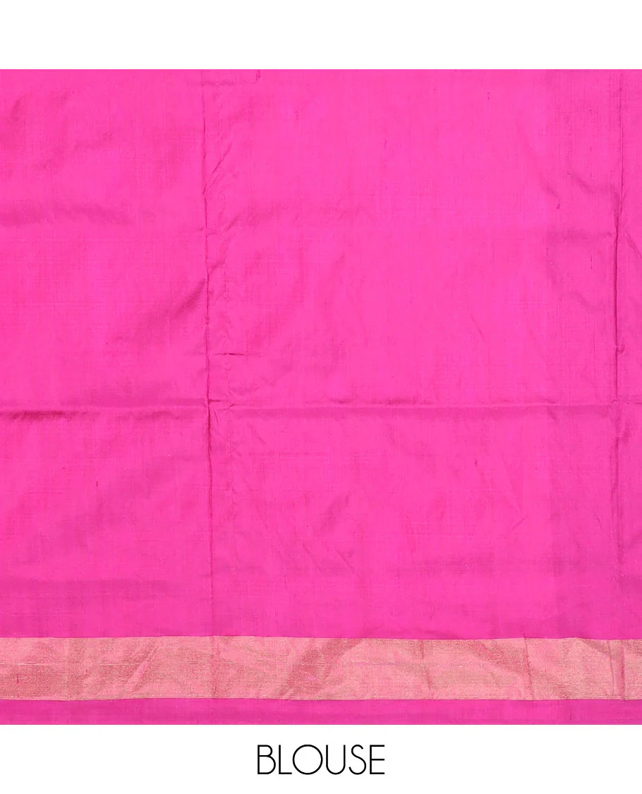 Pink Ikkat Silk Saree Highlighted with Diamond-Shaped Ikkat Buttas, Featuring a Contrast Ikkat Temple Border and a Pallu Showcasing an Ikkat-Textured Jaal Design, Paired with a Contrast Blouse - Image 6