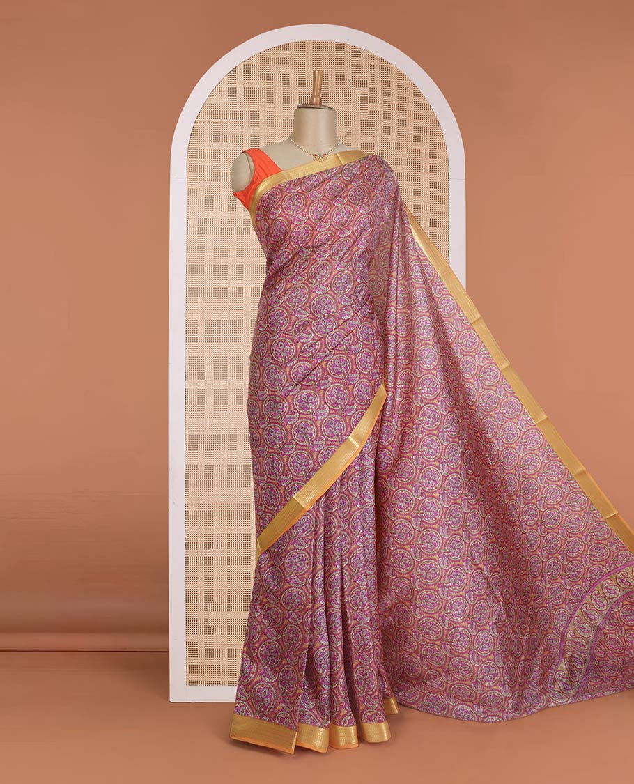 Pink intricate designs printed silk saree, contrast paisley zari motifs border, and printed pallu - Image 2