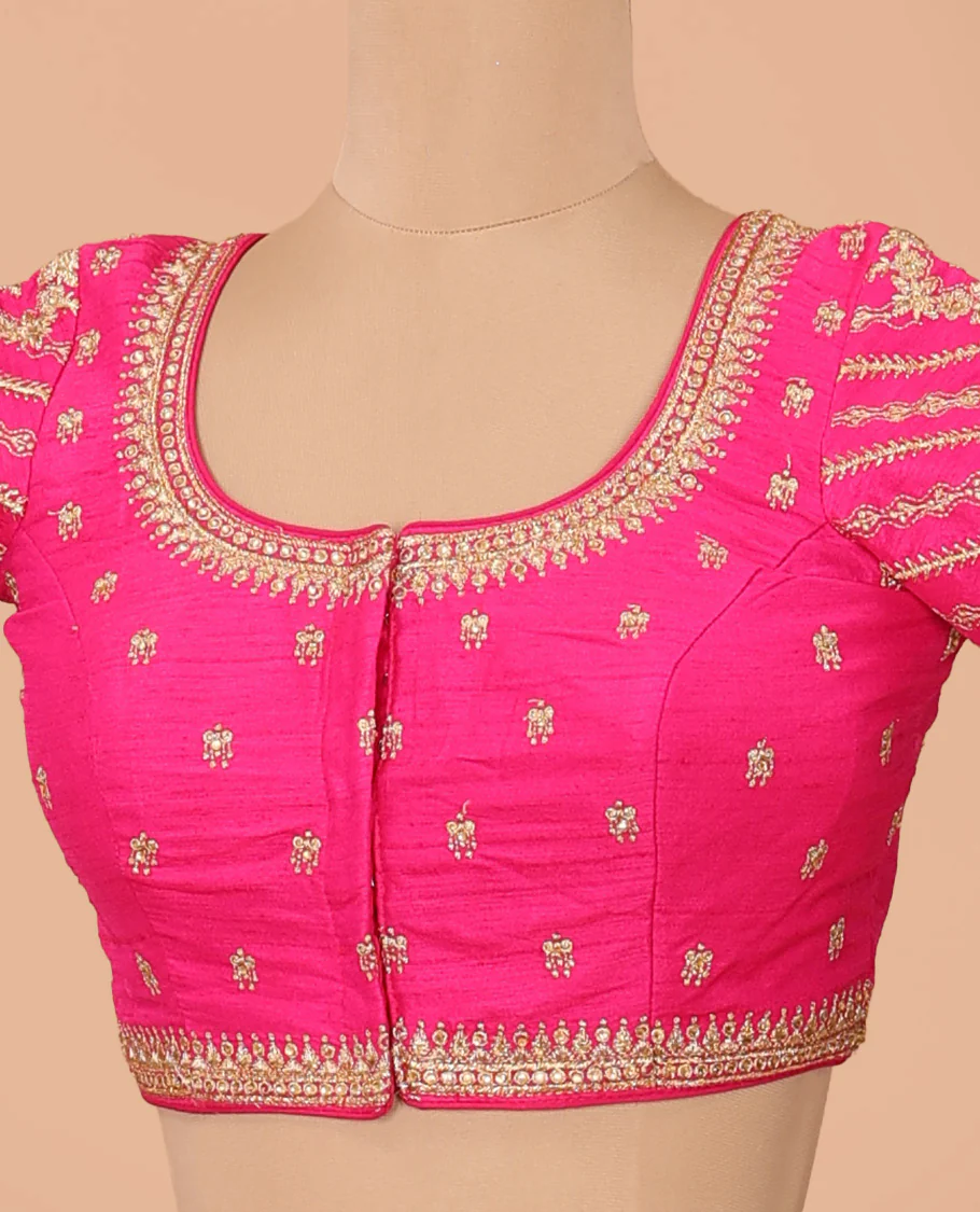 Pink intricate motifs thread embroidered front-back round neck elbow sleeve blouse - Image 2