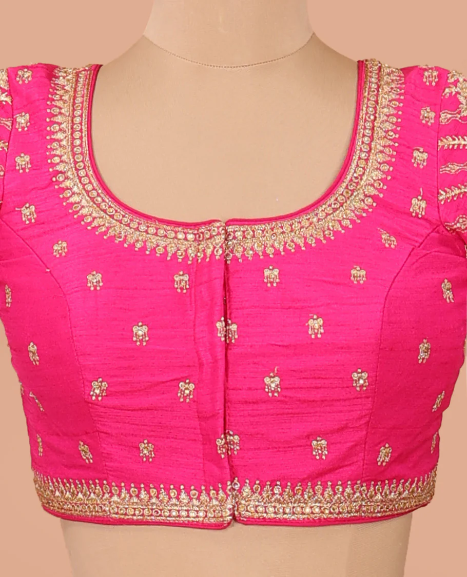 Pink intricate motifs thread embroidered front-back round neck elbow sleeve blouse - Image 3