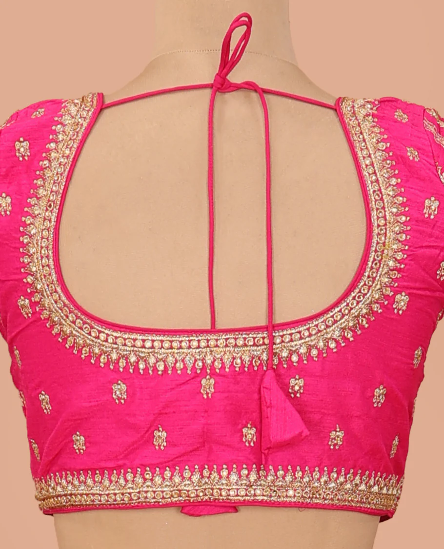 Pink intricate motifs thread embroidered front-back round neck elbow sleeve blouse - Image 4