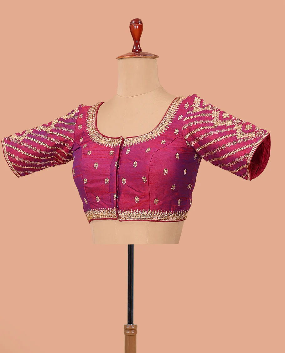 Pink intricately thread embroidered front-back round neck elbow sleeve blouse