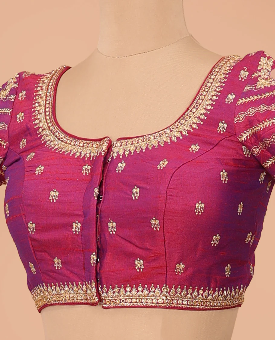 Pink intricately thread embroidered front-back round neck elbow sleeve blouse - Image 2
