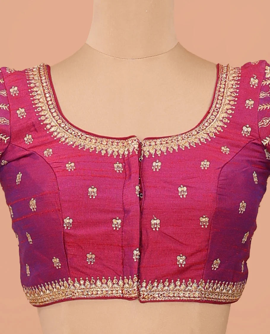 Pink intricately thread embroidered front-back round neck elbow sleeve blouse - Image 3