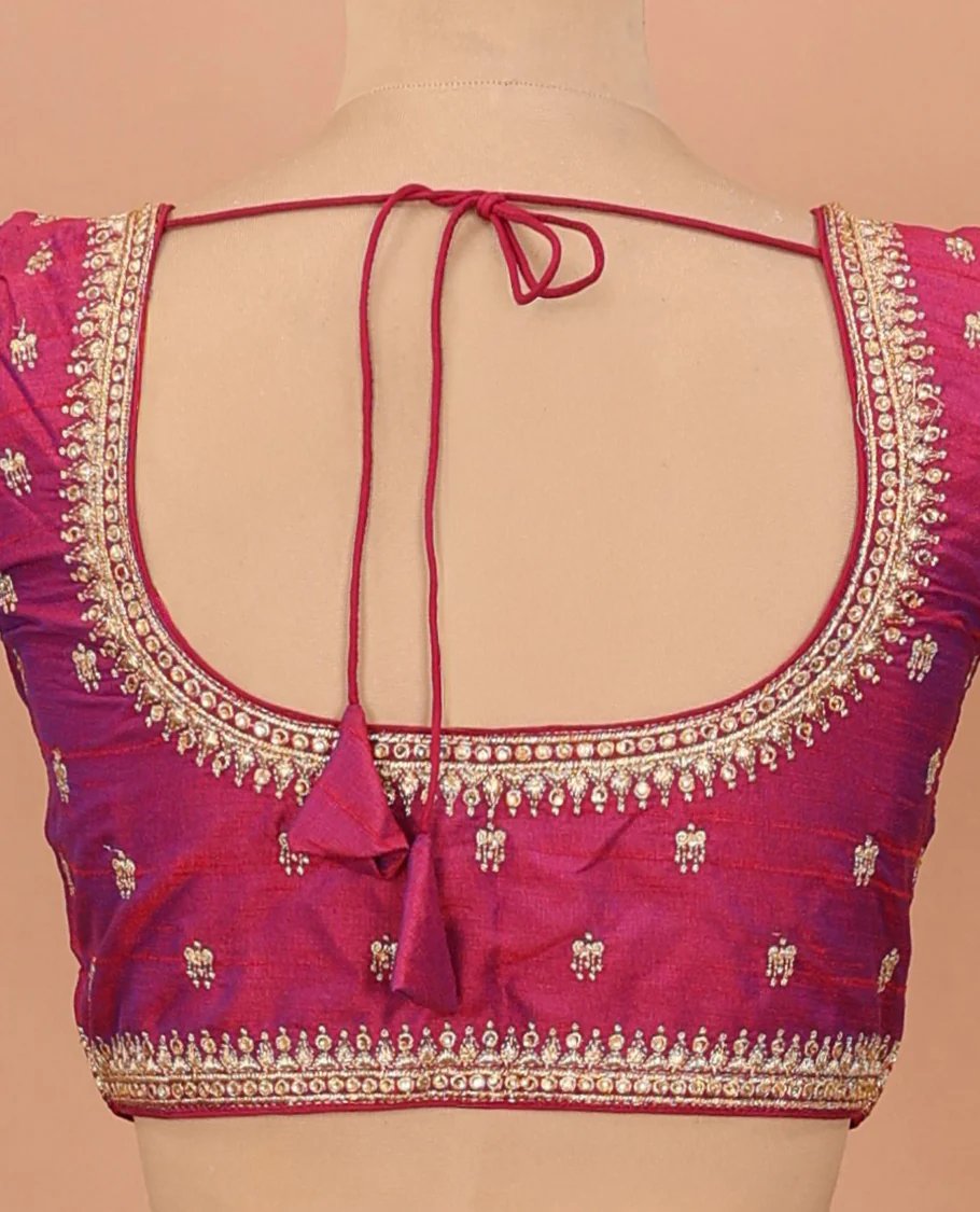 Pink intricately thread embroidered front-back round neck elbow sleeve blouse - Image 4