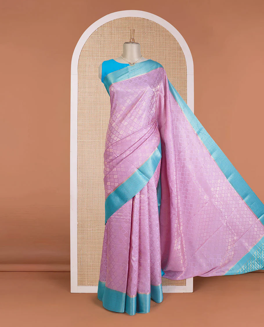 Pink jaal jacquard Mysore silk saree, contrast zari border, and pallu of chevron designs - Image 2