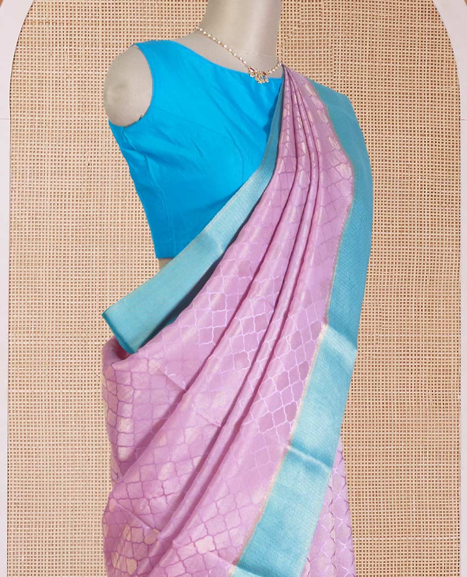 Pink jaal jacquard Mysore silk saree, contrast zari border, and pallu of chevron designs - Image 3