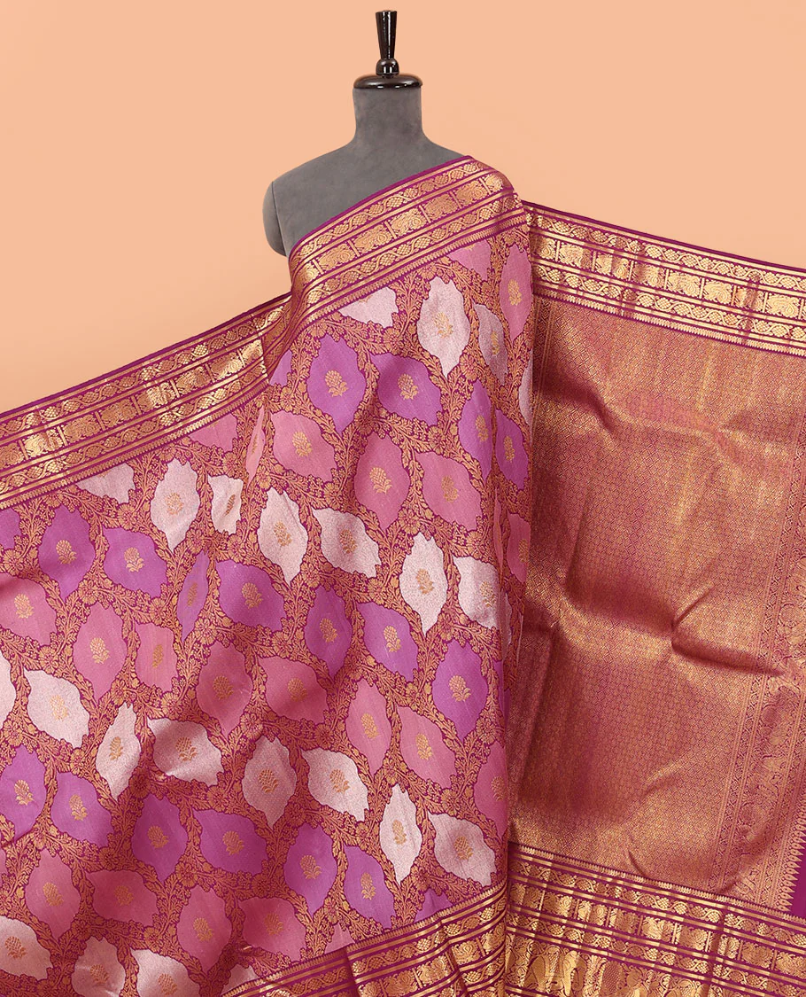 Multi-color rangkat-style jaal jacquard Samudrika silk saree, contrast border of thilakam mokku,kodi visiry,banaras,mayil & yaanai & jaal pallu
