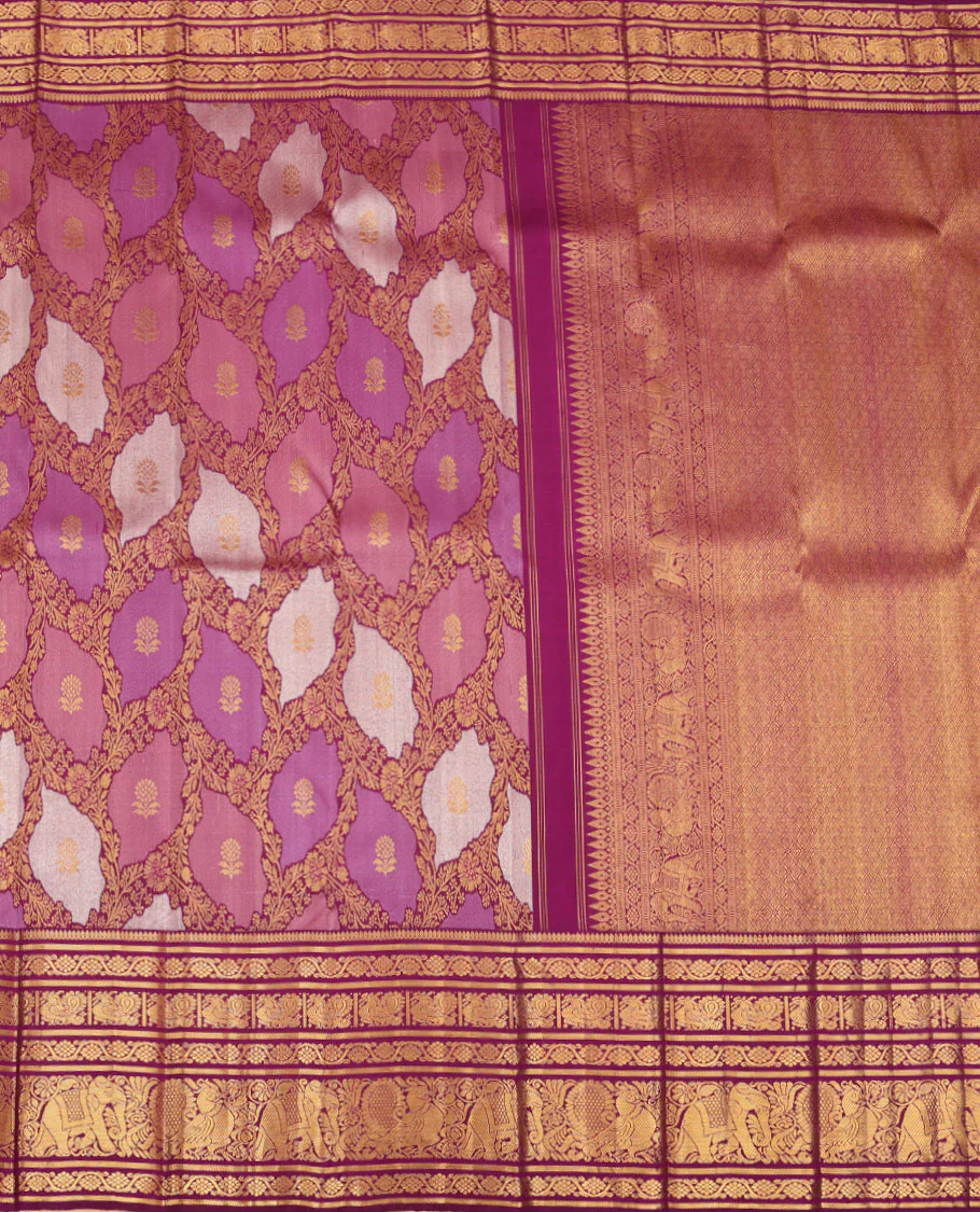 Multi-color rangkat-style jaal jacquard Samudrika silk saree, contrast border of thilakam mokku,kodi visiry,banaras,mayil & yaanai & jaal pallu - Image 3