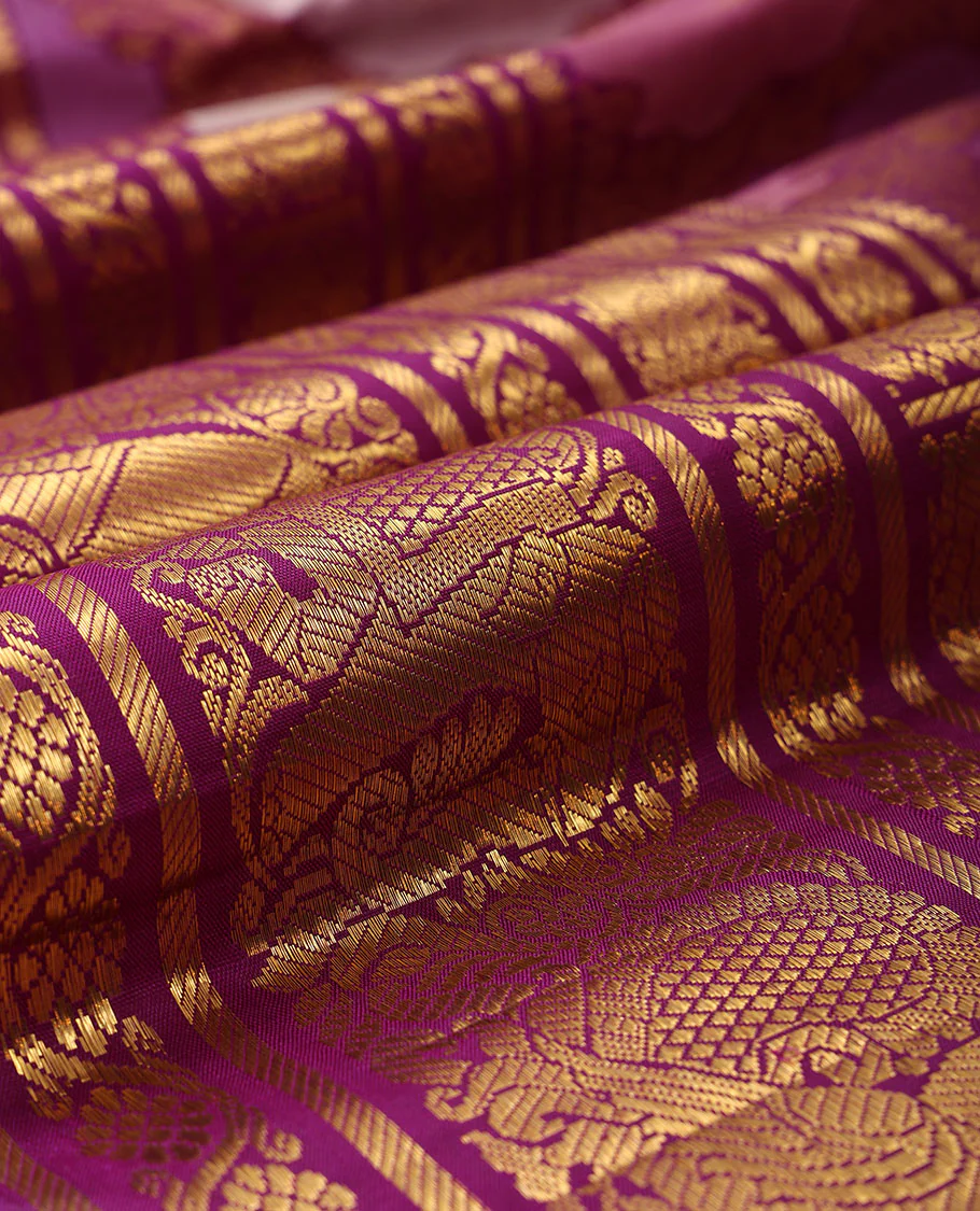 Multi-color rangkat-style jaal jacquard Samudrika silk saree, contrast border of thilakam mokku,kodi visiry,banaras,mayil & yaanai & jaal pallu - Image 4