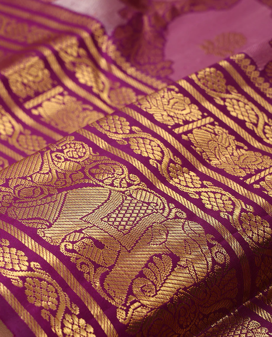 Multi-color rangkat-style jaal jacquard Samudrika silk saree, contrast border of thilakam mokku,kodi visiry,banaras,mayil & yaanai & jaal pallu - Image 5