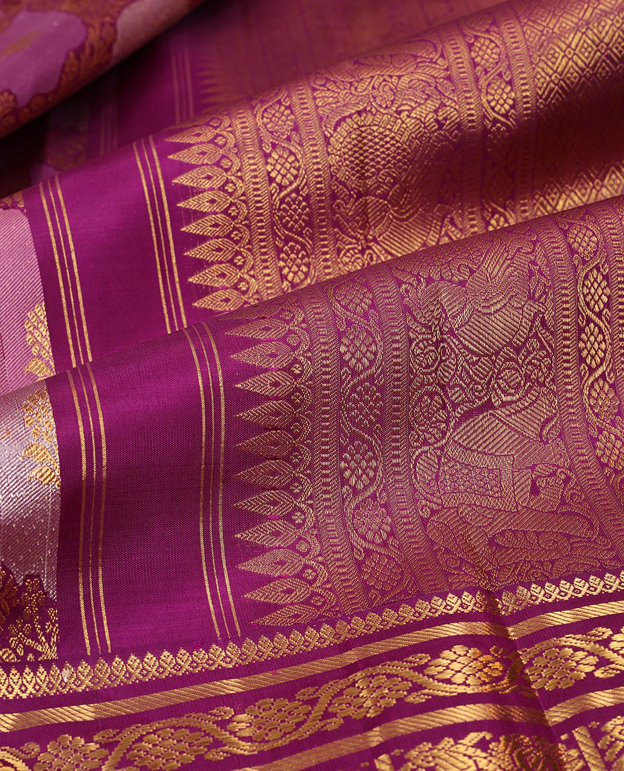 Multi-color rangkat-style jaal jacquard Samudrika silk saree, contrast border of thilakam mokku,kodi visiry,banaras,mayil & yaanai & jaal pallu - Image 6