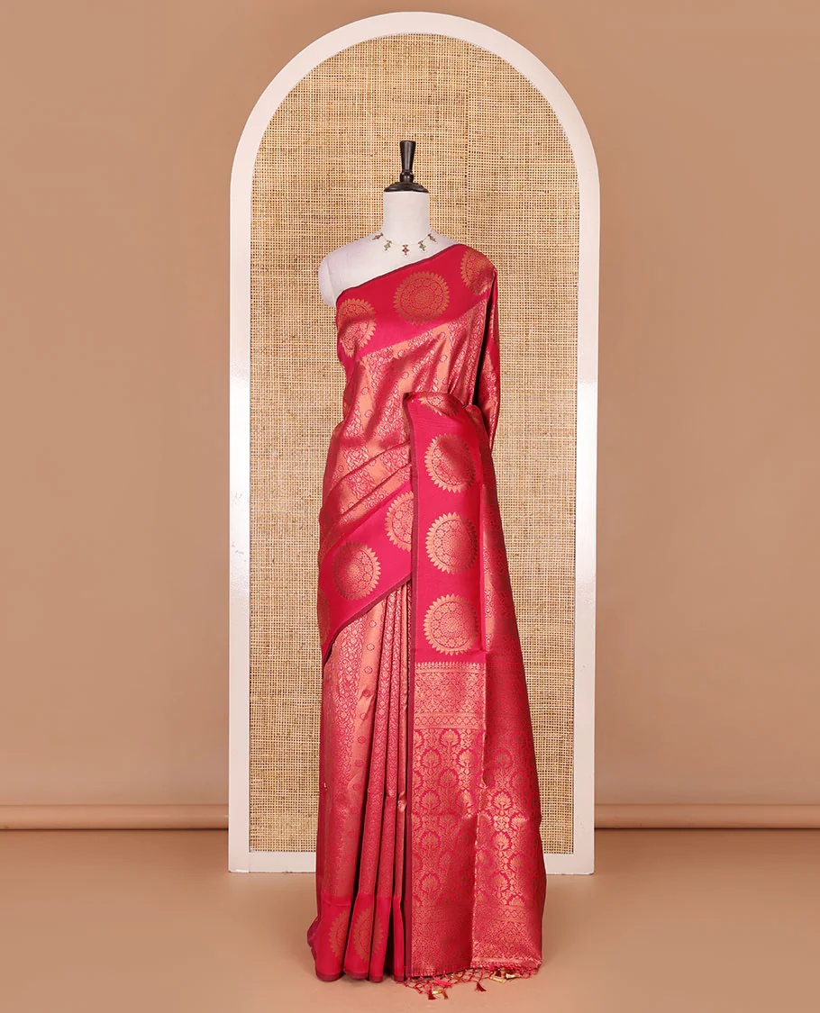Pink jacquard kanchi tissue saree, zari chakram motifs border, intricately zari woven pallu, and a matching zari design blouse - Image 2