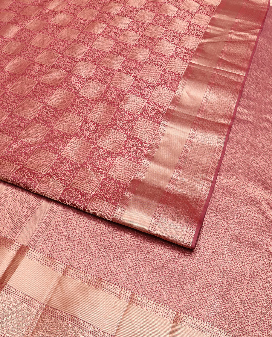 Pink jacquard Kanchipuram wedding silk saree, zari border of thilakam, muthu, paisa, and scallop designs, and jaal pallu - Image 2