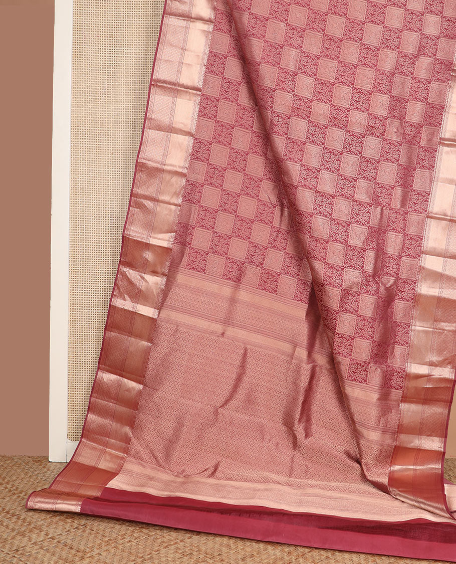 Pink jacquard Kanchipuram wedding silk saree, zari border of thilakam, muthu, paisa, and scallop designs, and jaal pallu - Image 3