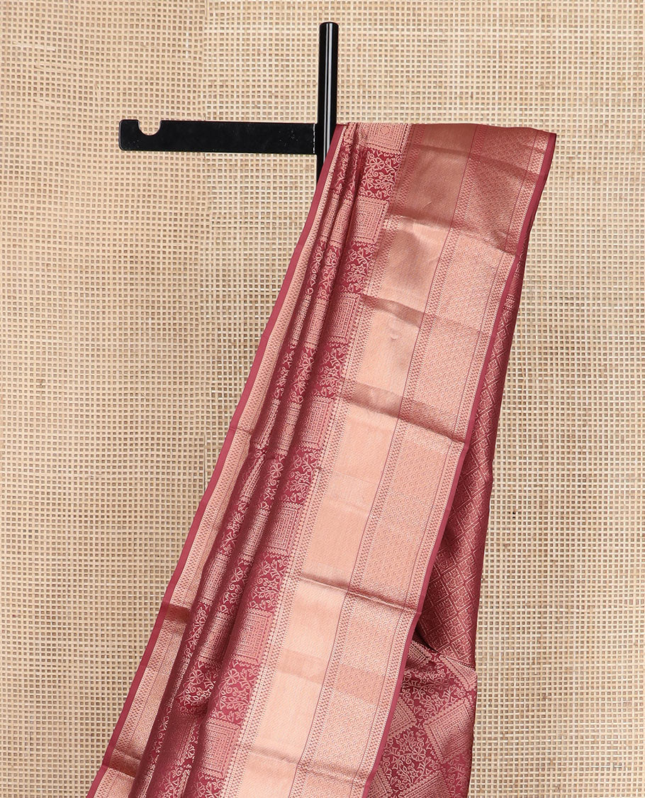 Pink jacquard Kanchipuram wedding silk saree, zari border of thilakam, muthu, paisa, and scallop designs, and jaal pallu - Image 4