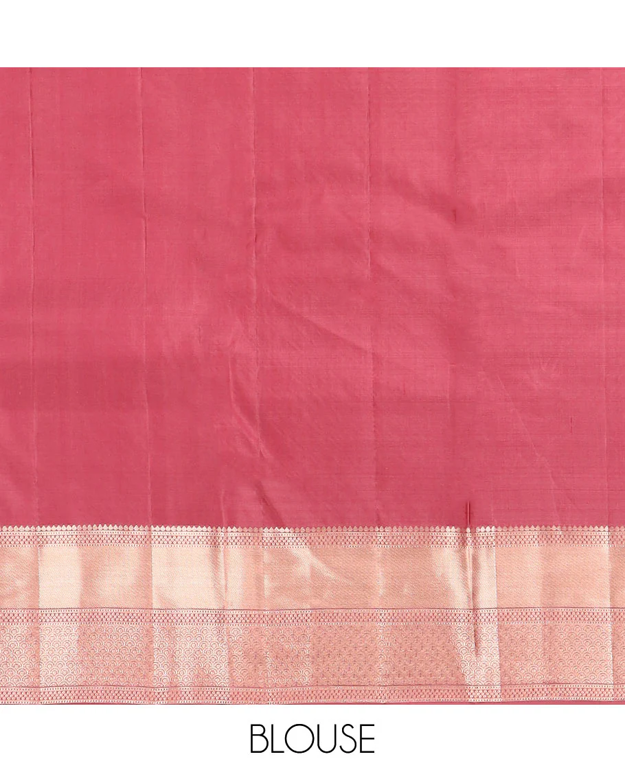 Pink jacquard Kanchipuram wedding silk saree, zari border of thilakam, muthu, paisa, and scallop designs, and jaal pallu - Image 6