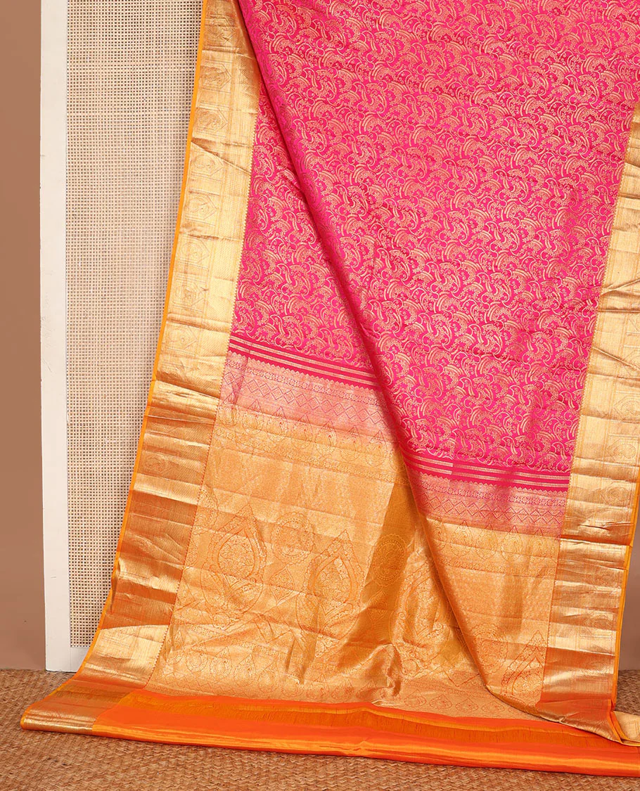 Pink jacquard wedding silk saree, contrast intricate pallu & border of salngai,neli,mayil kann & arumbu manga - Image 3
