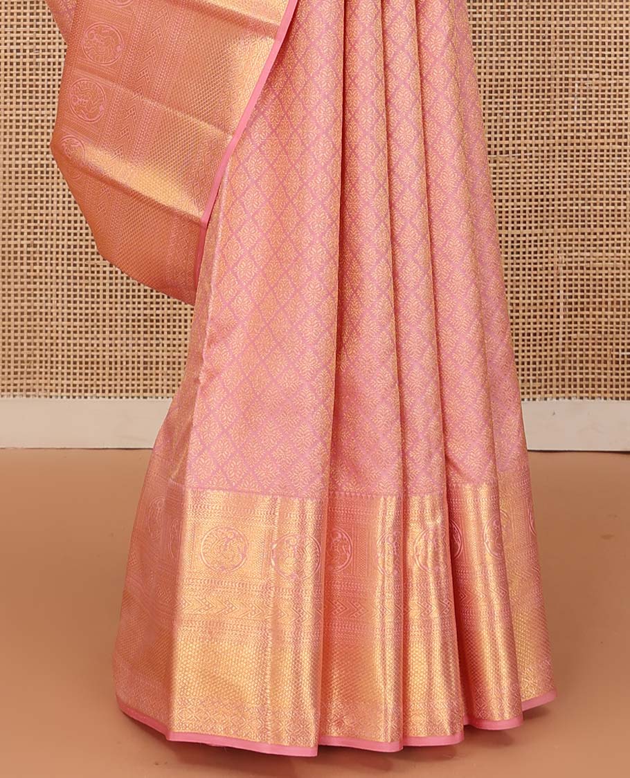Pink jacquard wedding silk saree, zari border of kathir, vanki, round mayil, and mayil kann, and jaal pallu - Image 5