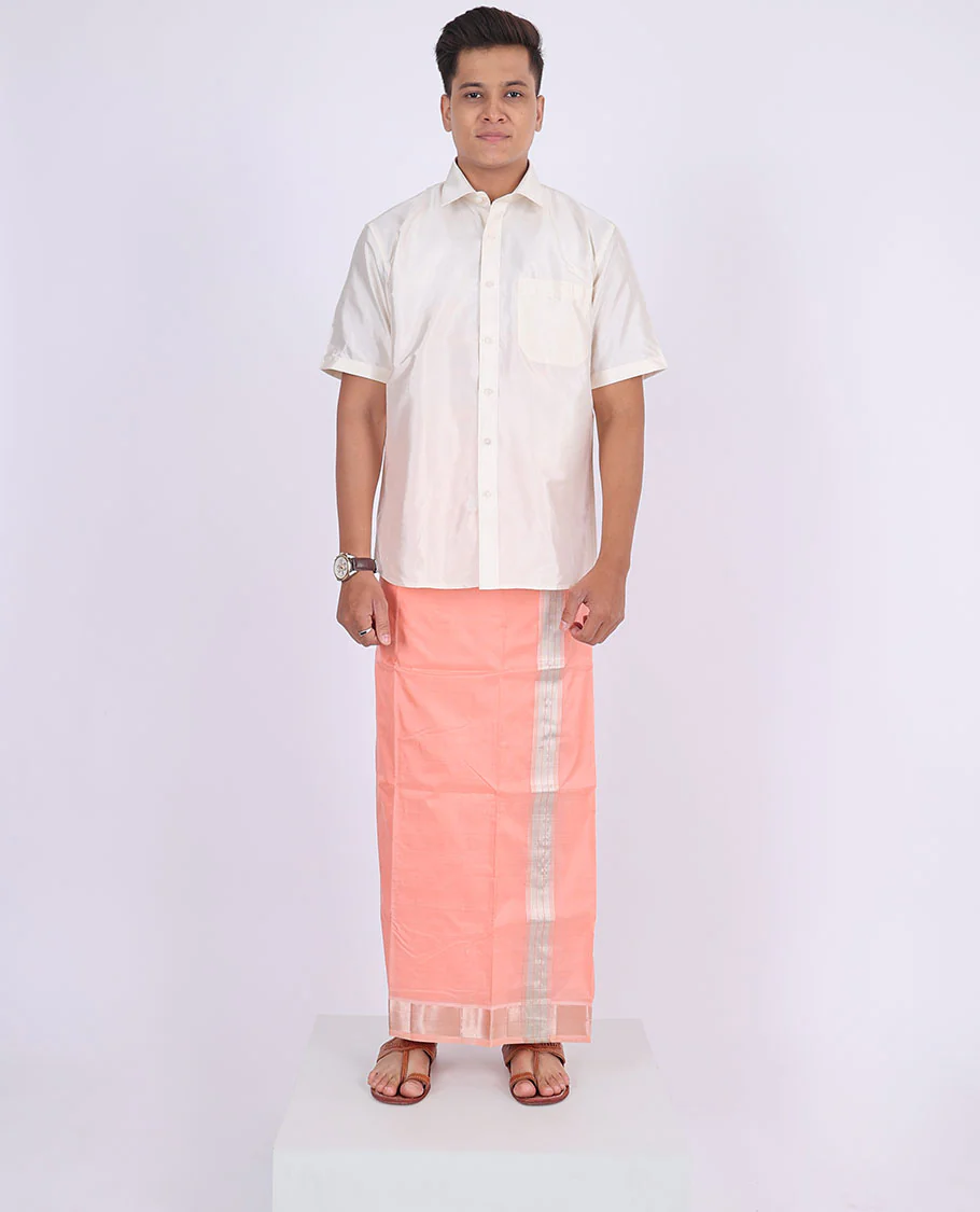 Pink Kanchipuram pure silk double-layer dhoti with kuyil kann zari border - Image 3