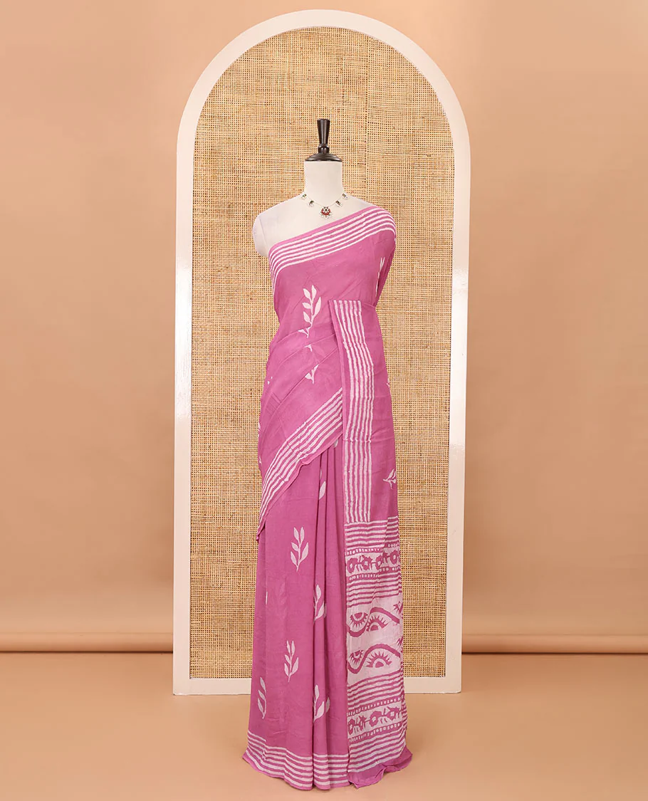Pink leaf batik printed georgette saree, batik-printed striped border, floral-geometric batik printed pallu & batik printed blouse - Image 2