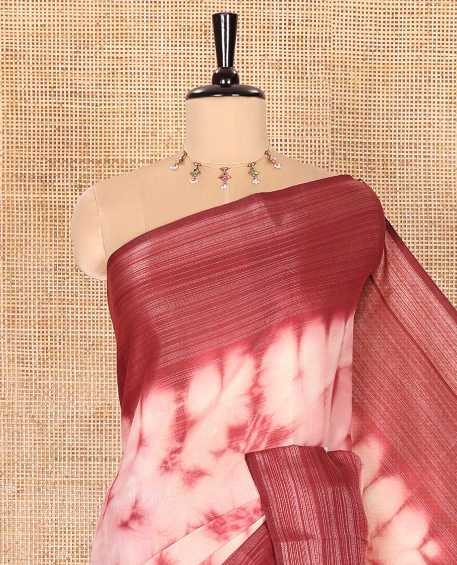 Pink Linen Linen Cotton Saree Enlivened with Shibori Print, Complemented by a Contrast Plain Border, Featuring a Shibori-Printed Pallu, Paired with a Contrast Blouse - Image 2