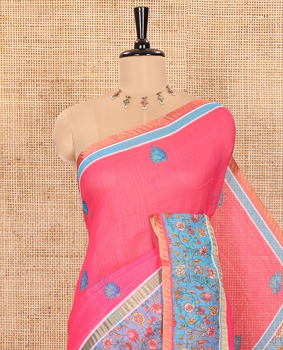 Pink Linen Saree Elevated with Leaf Motifs All Over Its Body, Complemented by a Contrast Floral Vine Printed Border, Pallu Mirrors the Floral Vine Print, and Paired with a  Contrast Floral Printed Blouse - Image 2