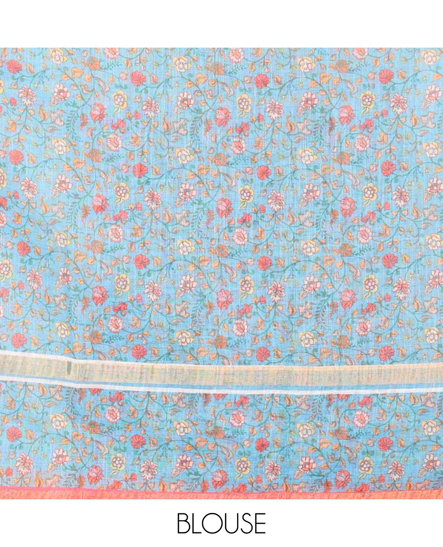Pink Linen Saree Elevated with Leaf Motifs All Over Its Body, Complemented by a Contrast Floral Vine Printed Border, Pallu Mirrors the Floral Vine Print, and Paired with a  Contrast Floral Printed Blouse - Image 3