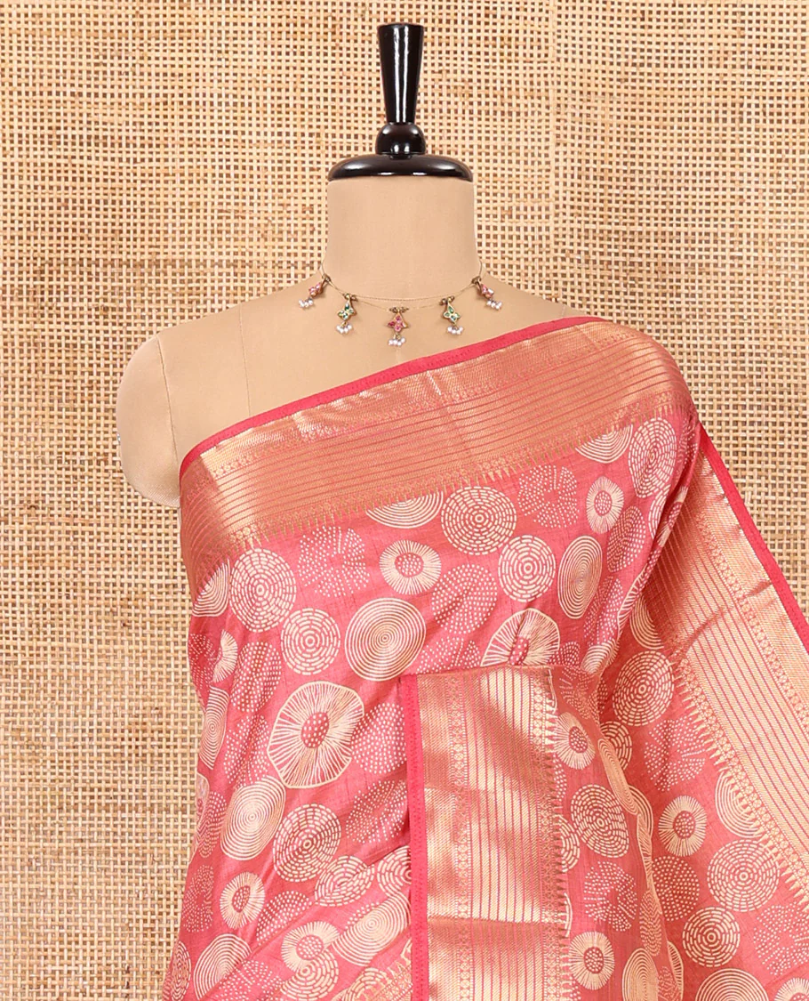 Pink lotus-leaf style printed semi-tussar saree, traditional zari border, zari striped pallu, and a matching blouse - Image 2