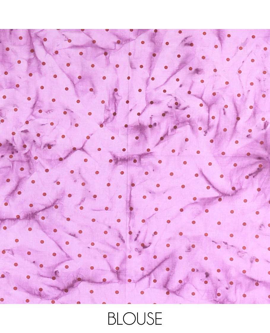 Pink lotus printed soft cotton saree, piping border, printed pallu, and a shibori printed blouse of polka dots - Image 3