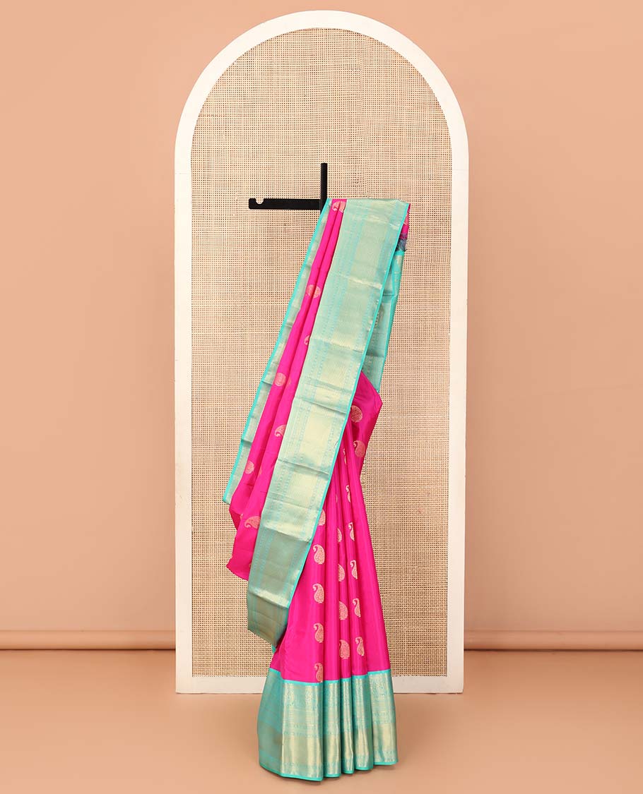 Pink manga zari buttas Vasundhara silk saree, contrast zari border of thilakam mokku, mayil, banaras, and mayil kann designs , and jaal pallu