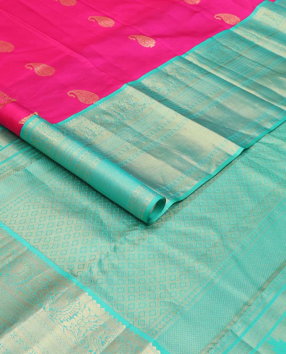 Pink manga zari buttas Vasundhara silk saree, contrast zari border of thilakam mokku, mayil, banaras, and mayil kann designs , and jaal pallu - Image 2