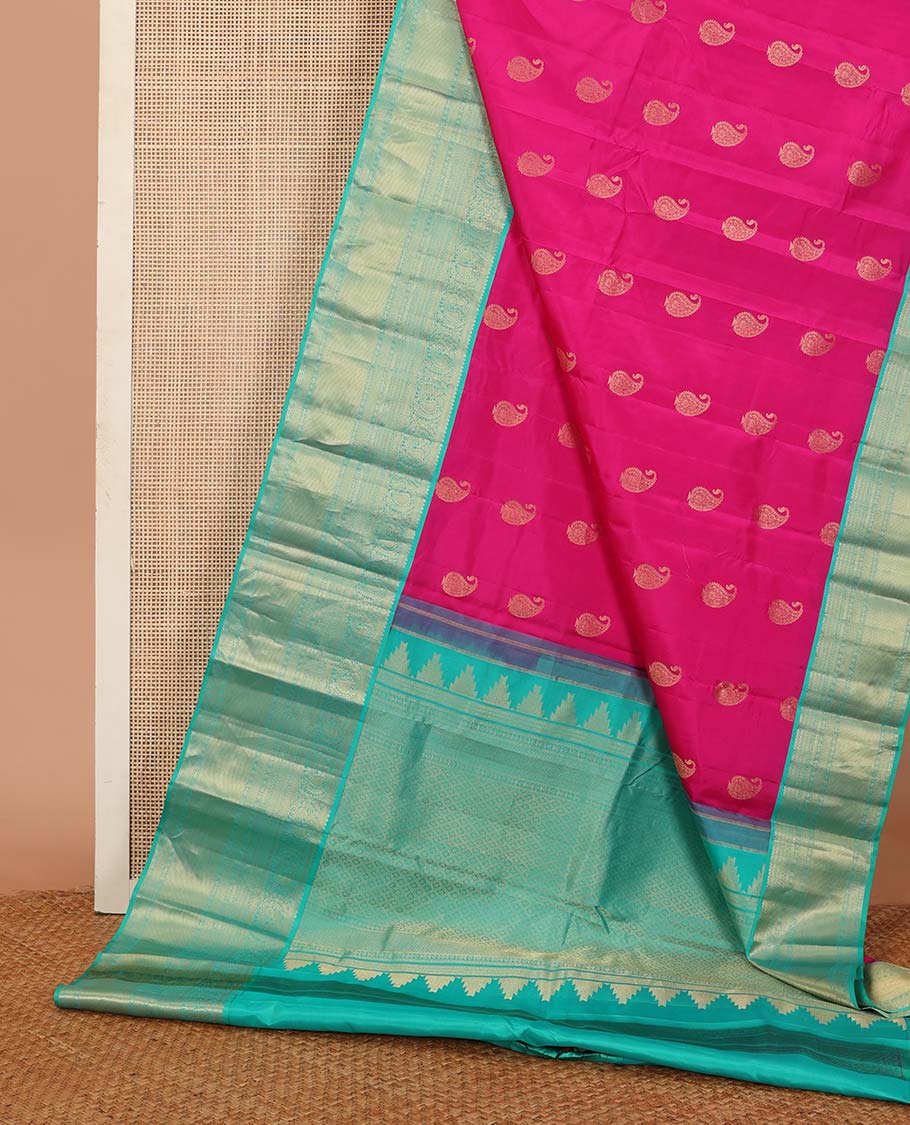 Pink manga zari buttas Vasundhara silk saree, contrast zari border of thilakam mokku, mayil, banaras, and mayil kann designs , and jaal pallu - Image 3
