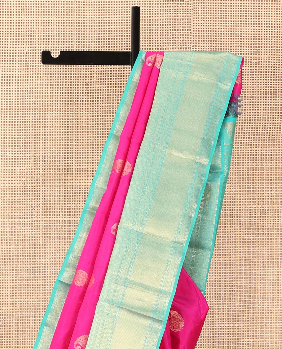 Pink manga zari buttas Vasundhara silk saree, contrast zari border of thilakam mokku, mayil, banaras, and mayil kann designs , and jaal pallu - Image 4