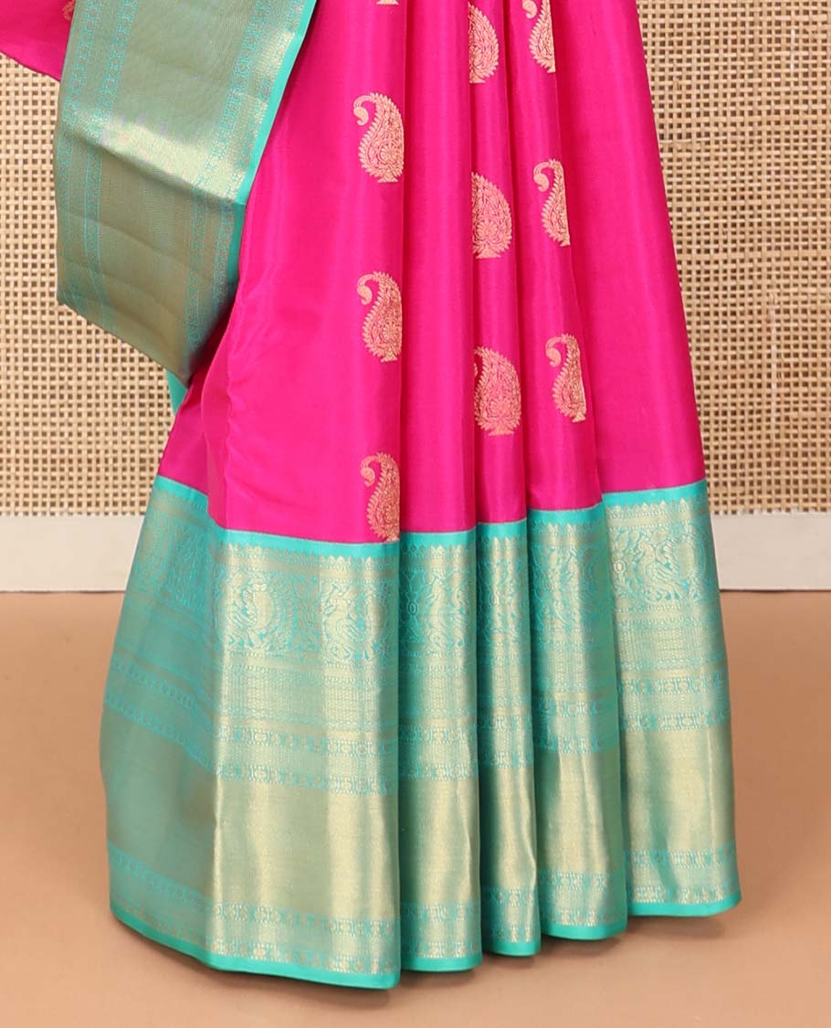 Pink manga zari buttas Vasundhara silk saree, contrast zari border of thilakam mokku, mayil, banaras, and mayil kann designs , and jaal pallu - Image 5