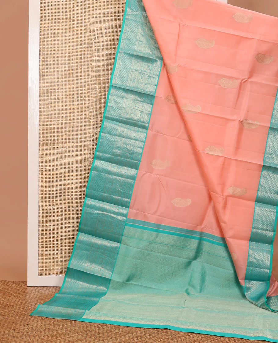 Pink manga zari buttas Vasundhara silk saree, contrast border of rettai neli,kathir,mayil kann,mayil & meen & ara maadam-style design pallu - Image 3