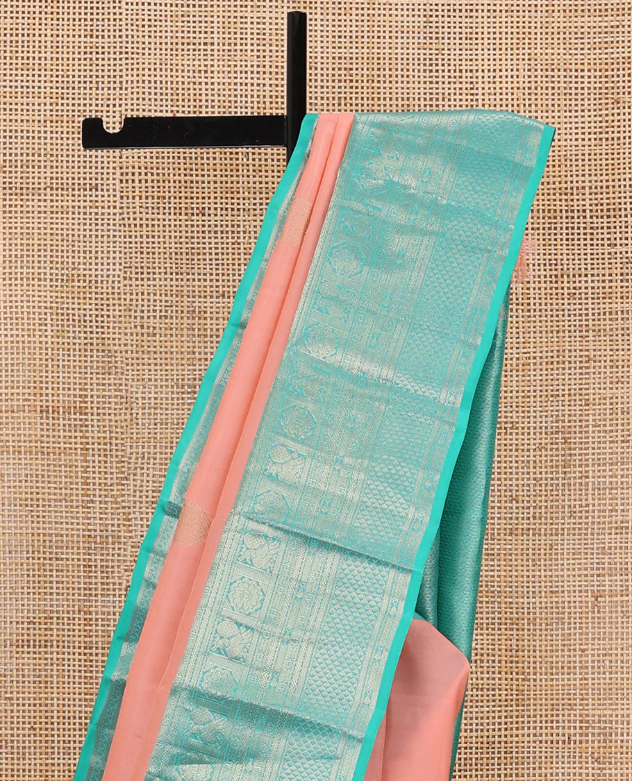 Pink manga zari buttas Vasundhara silk saree, contrast border of rettai neli,kathir,mayil kann,mayil & meen & ara maadam-style design pallu - Image 4