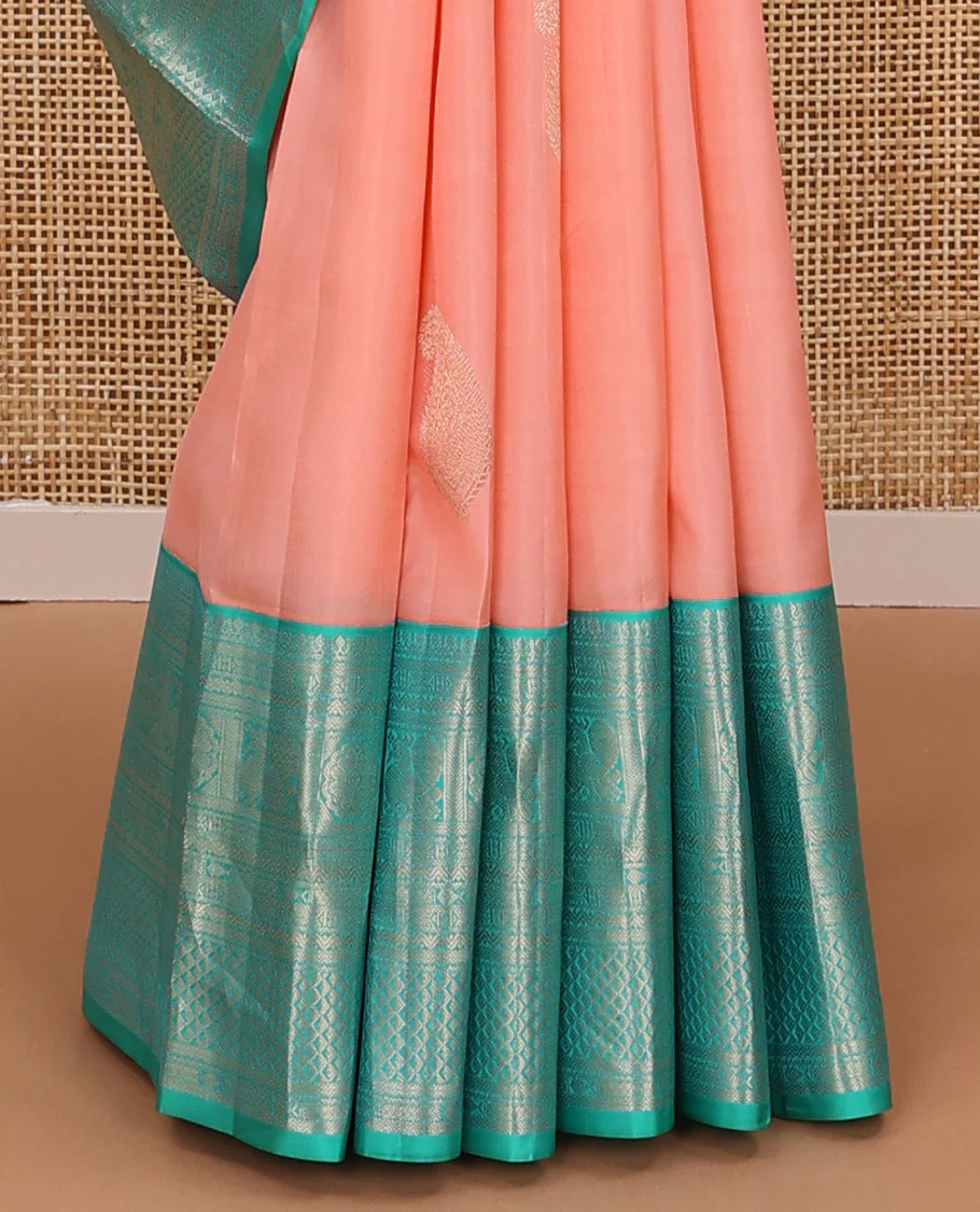 Pink manga zari buttas Vasundhara silk saree, contrast border of rettai neli,kathir,mayil kann,mayil & meen & ara maadam-style design pallu - Image 5