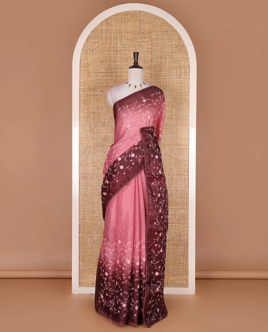 Pink-maroon floral vine chickankari embroidered kota chex saree, lace border, floral vine chickankari embroidered pallu, and contrast plain blouse - Image 2