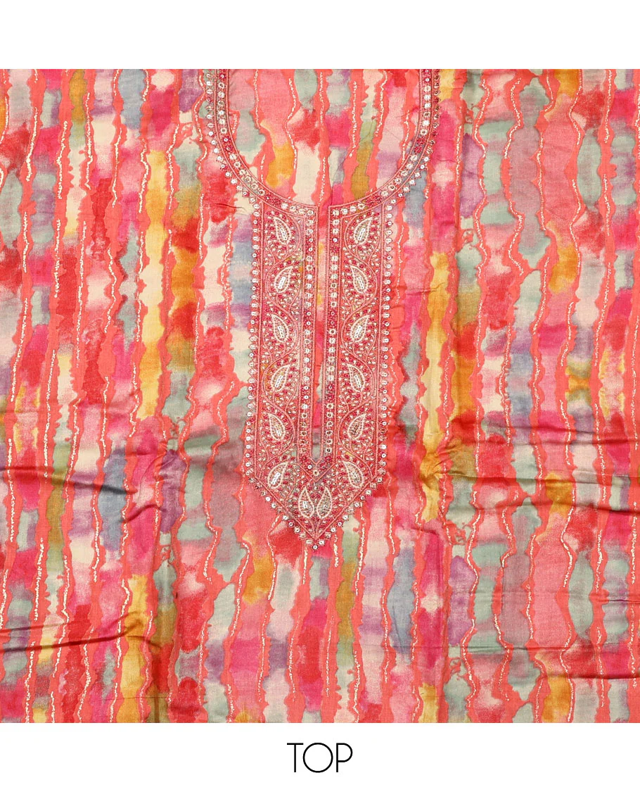 Pink material chudidar set, abstract printed with neck embroidered top, plain bottom, and contrast embroidered motifs dupatta - Image 2