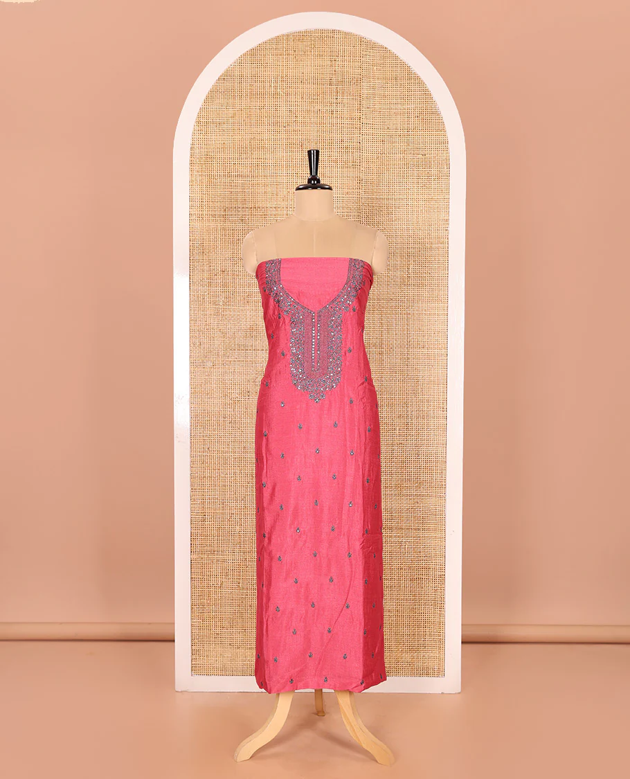 Pink Material Chudidar Set Accentuated with Thread and Sequins Embroidery Vichitra Silk Top, Subtly Made Plain Santoon Bottom, and a Vichitra Silk Dupatta of Thread and Sequins Embroidery - Image 4