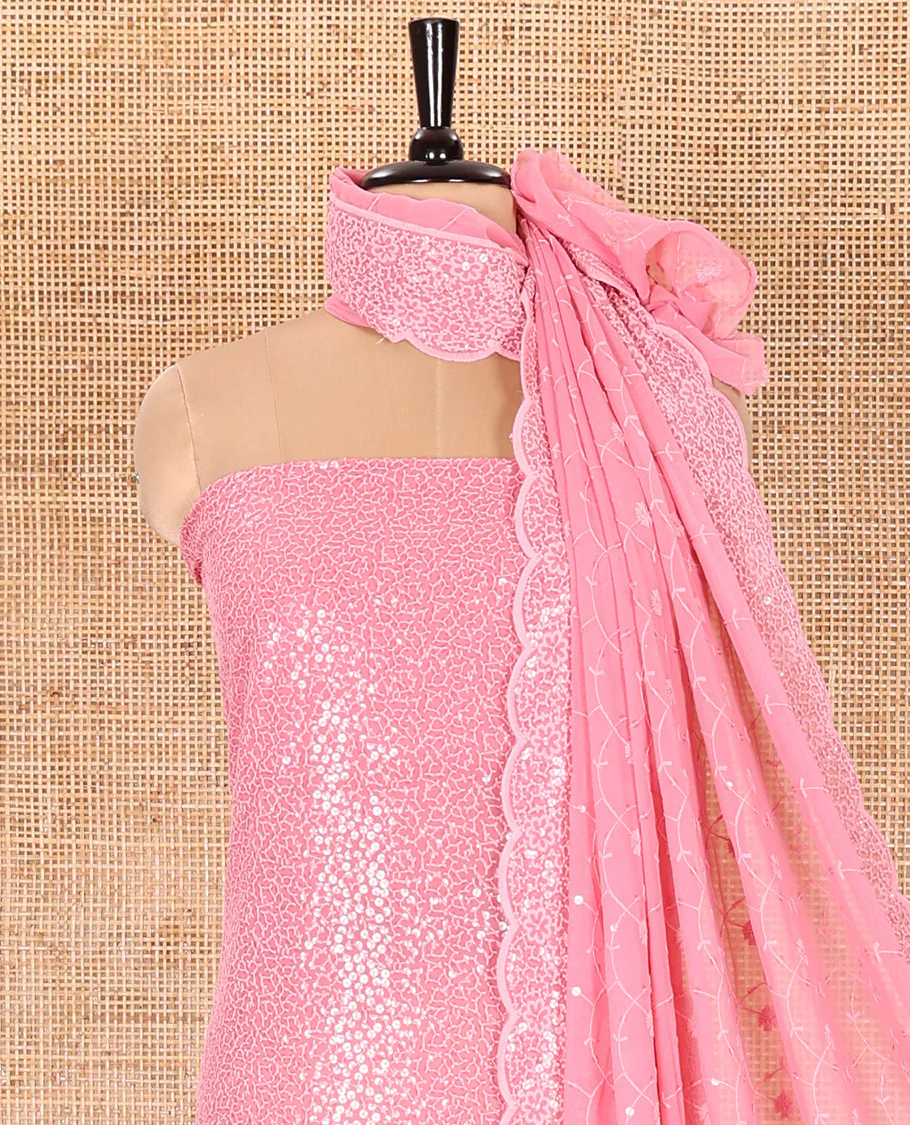 Pink Material Chudidar Set Features Sequin Embroidered Georgette Top, a Plain American Crepe Bottom, and a Scallop Dupatta Embellished with Floral Vine Embroidery - Image 3