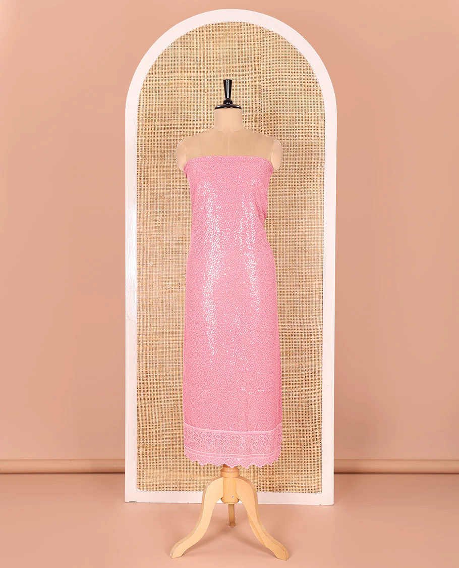 Pink Material Chudidar Set Features Sequin Embroidered Georgette Top, a Plain American Crepe Bottom, and a Scallop Dupatta Embellished with Floral Vine Embroidery - Image 4