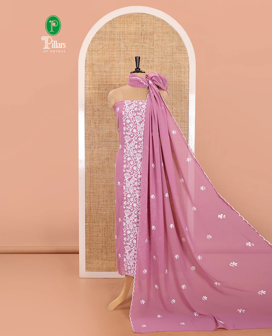 Pink Material Chudidar Set Featuring Chikankari-Style Paisley Vine Design, Thread-Embroidered Georgette Top, Subtly Made Plain Santoon Material Bottom, and a Floral Motifs-Embroidered Georgette Scallop-Bordered Dupatta