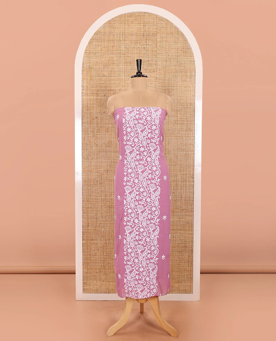 Pink Material Chudidar Set Featuring Chikankari-Style Paisley Vine Design, Thread-Embroidered Georgette Top, Subtly Made Plain Santoon Material Bottom, and a Floral Motifs-Embroidered Georgette Scallop-Bordered Dupatta - Image 4