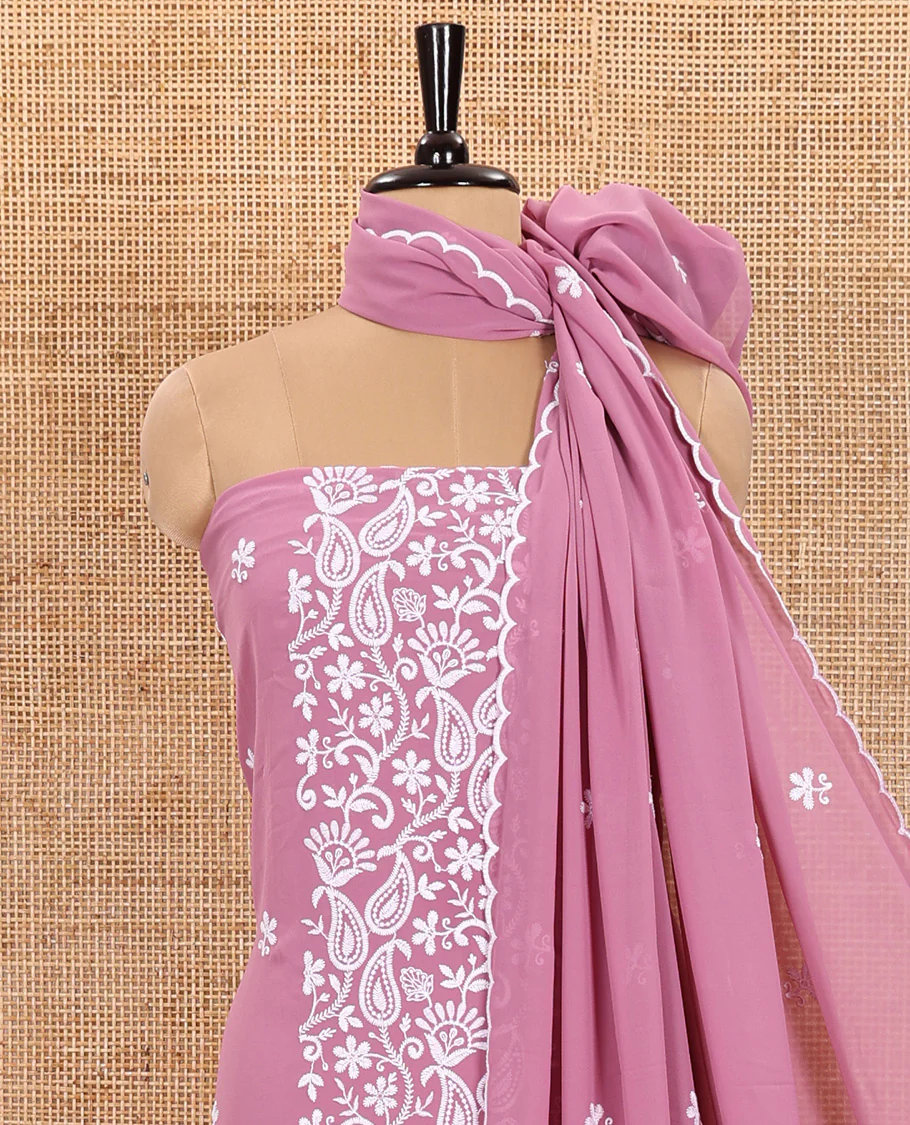 Pink Material Chudidar Set Featuring Chikankari-Style Paisley Vine Design, Thread-Embroidered Georgette Top, Subtly Made Plain Santoon Material Bottom, and a Floral Motifs-Embroidered Georgette Scallop-Bordered Dupatta - Image 5