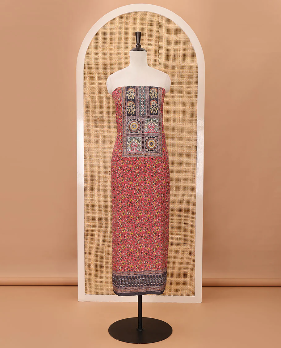 Pink material chudidar set,floral-geometric Arjrakh print & stone work Masakali crepe top,plain bottom & Arjrakh print & stonework chinon dupatta - Image 4