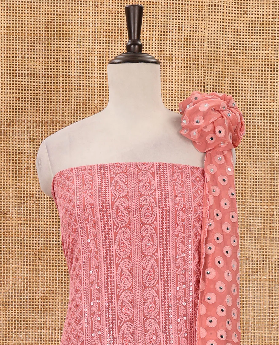 Pink material chudidar set,  floral, paisley & geometric schiffli embroidered georgette top & orginal mirror embroidered georgette dupatta - Image 4